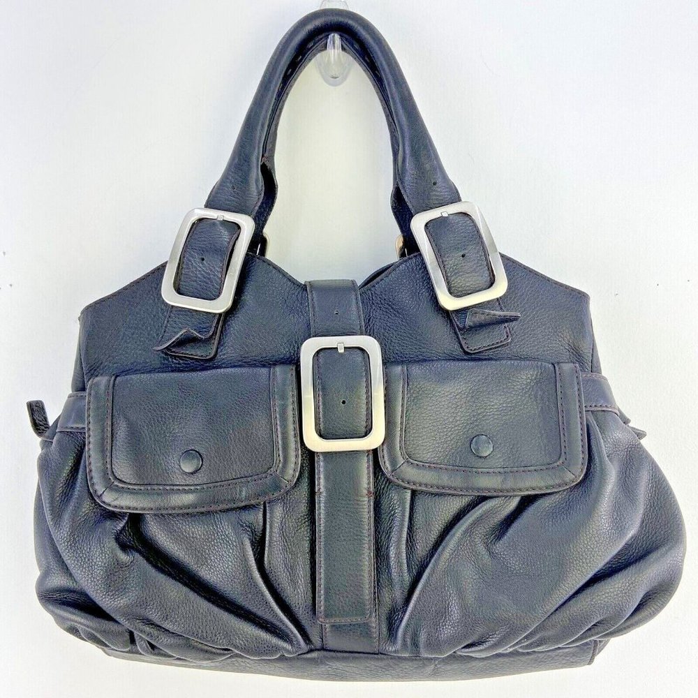 Cole Haan Large Black Leather Triple Pocket Satchel Shoulder Handbag Purse Bag